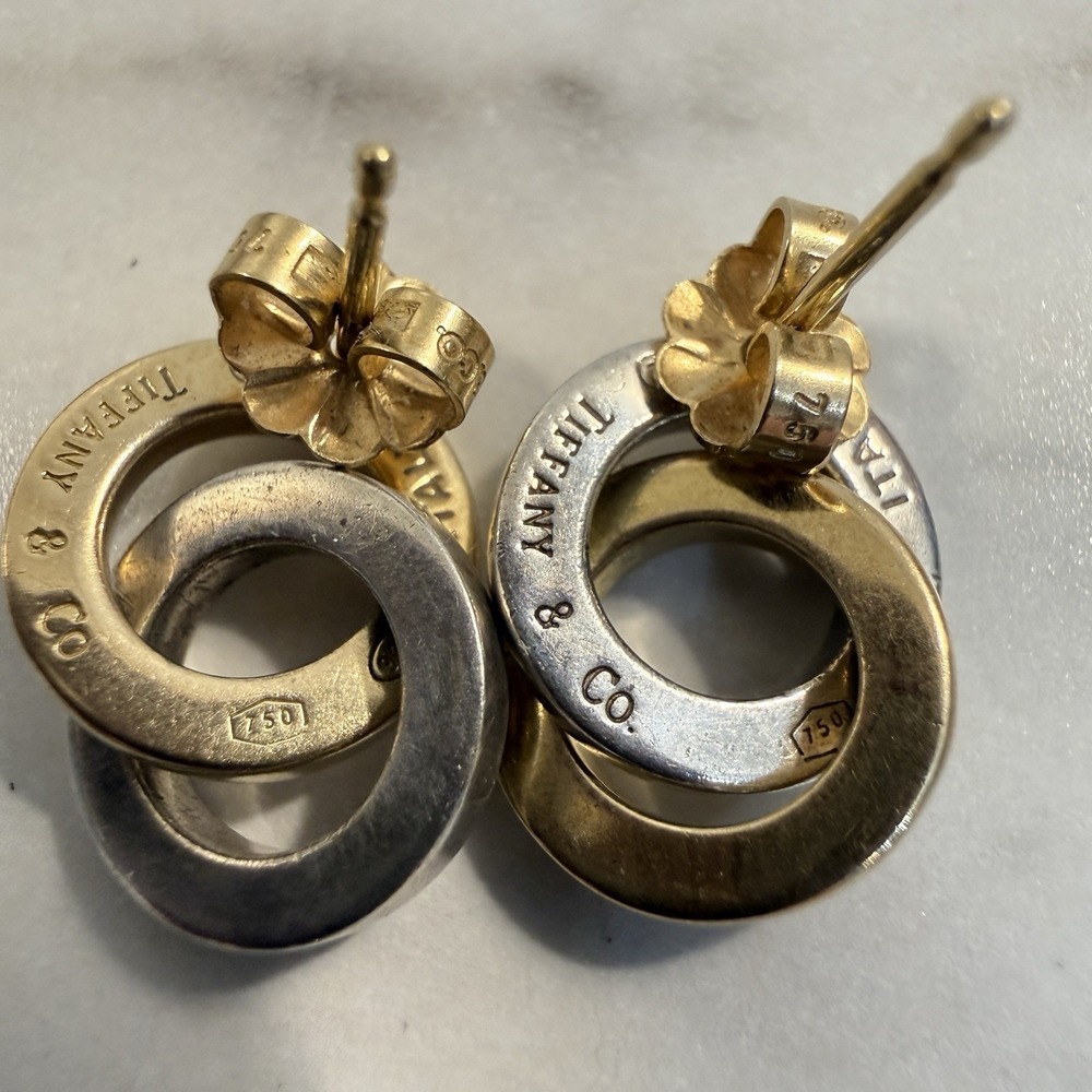 Tiffany & Co Sterling Silver 18k Yellow Gold Interlocking Circle Dangle Earrings - Picture 7 of 9